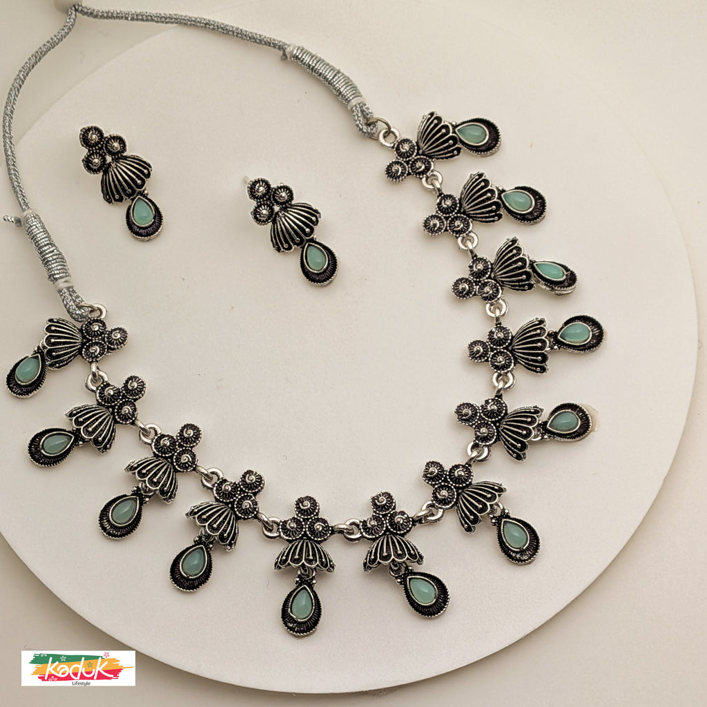 Antique Oxidized  Silver Necklace with Lilac/pastel Green/Pink Stones & Earrings