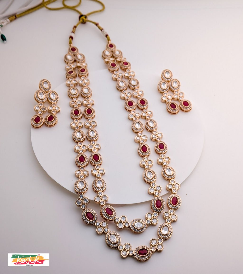 Long Layered Kundan Ruby  Necklace & Earrings