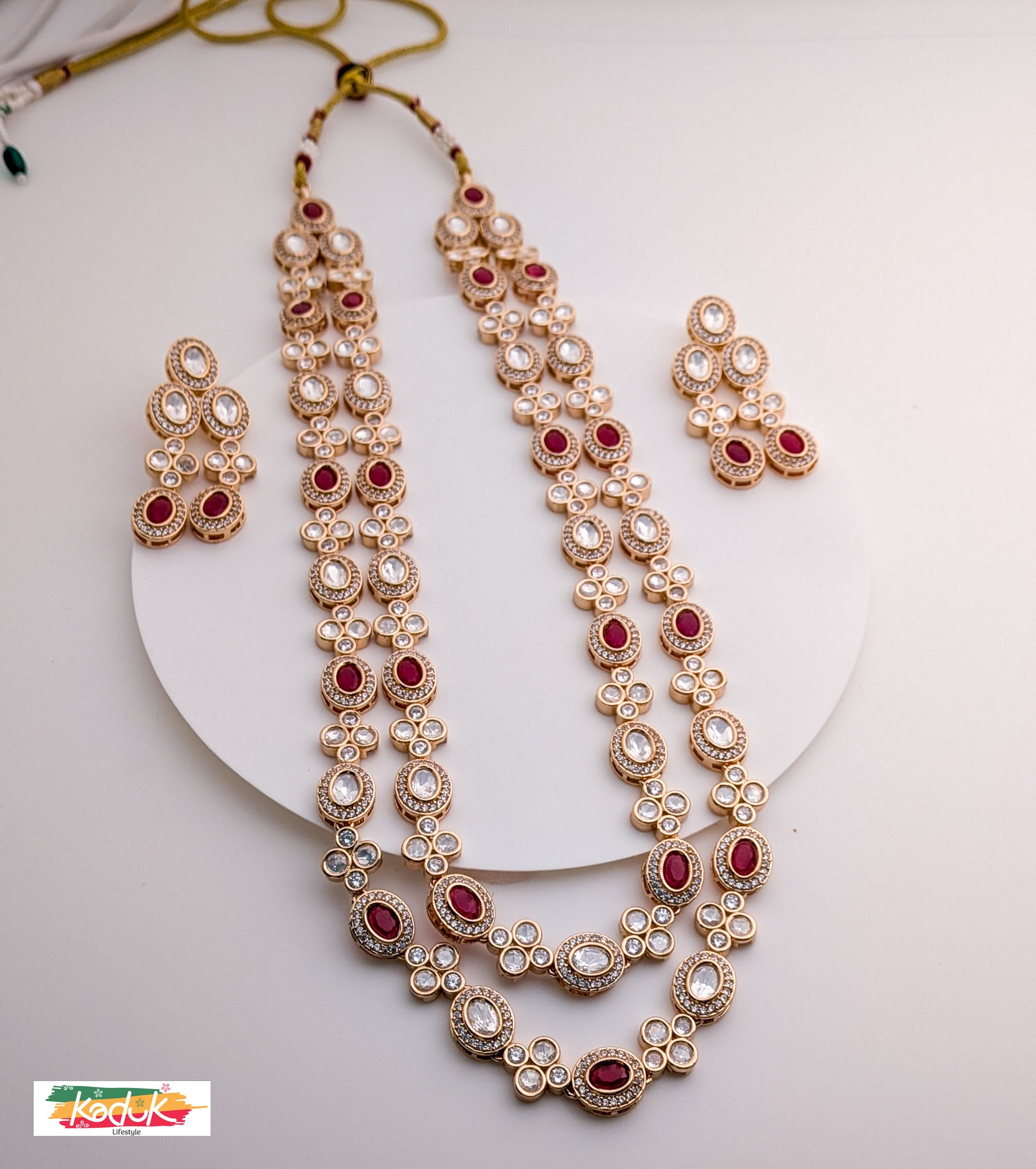 Long Layered Kundan Ruby  Necklace & Earrings