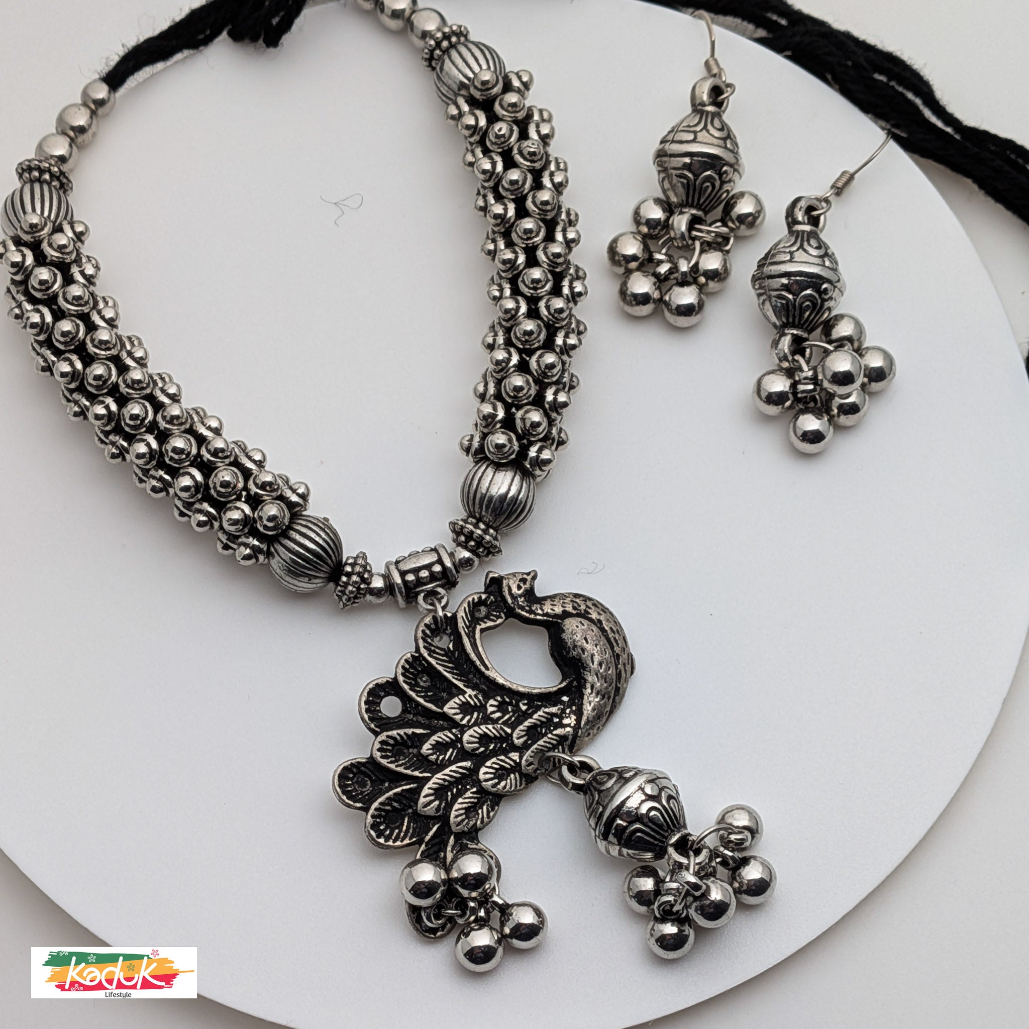 🦚 Antique Silver Peacock Pendant Necklace with Beaded Chain & Earrings