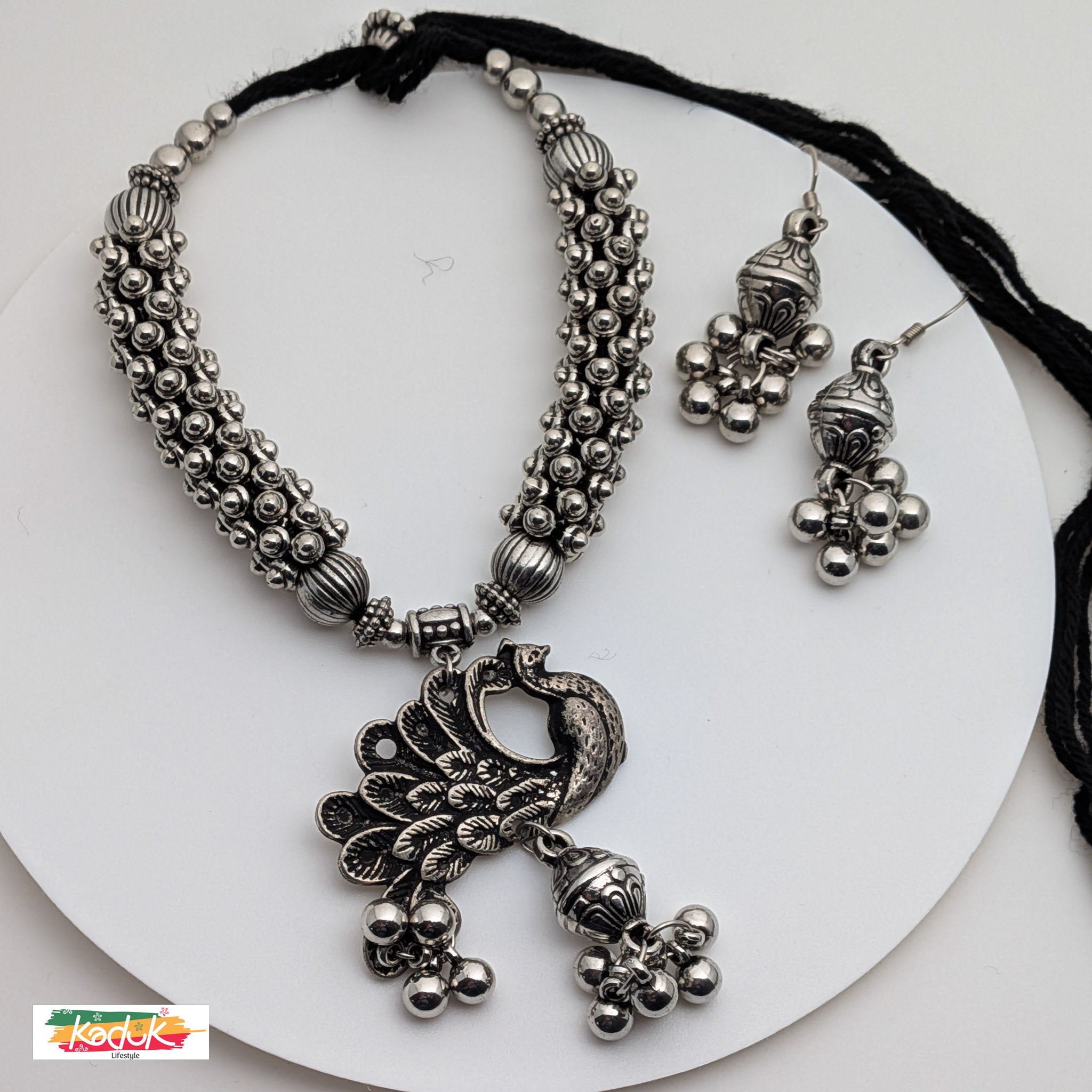 🦚 Antique Silver Peacock Pendant Necklace with Beaded Chain & Earrings