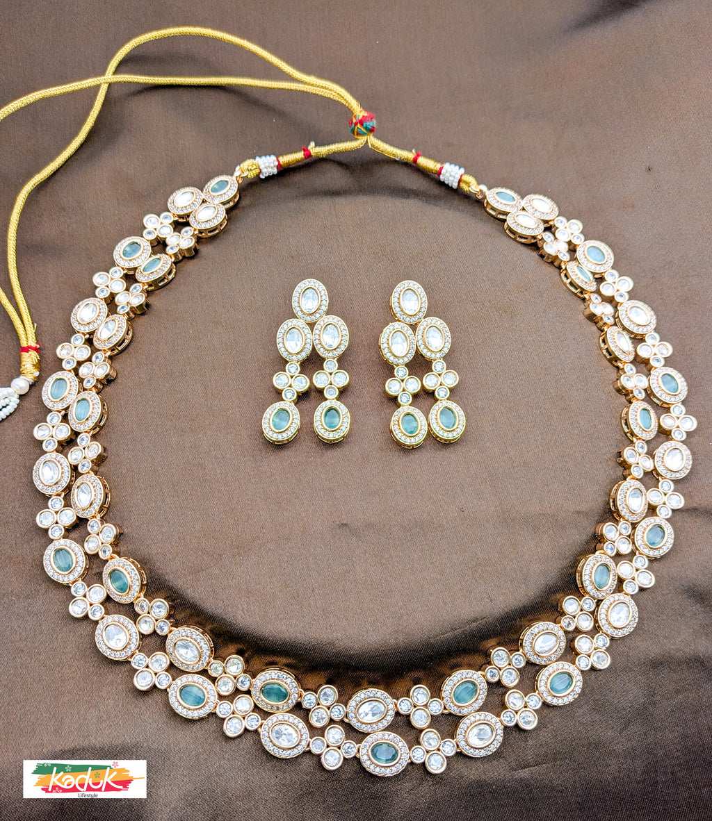 Long Layered Kundan Necklace & Earrings – Dual Tone Stones (Green & White )
