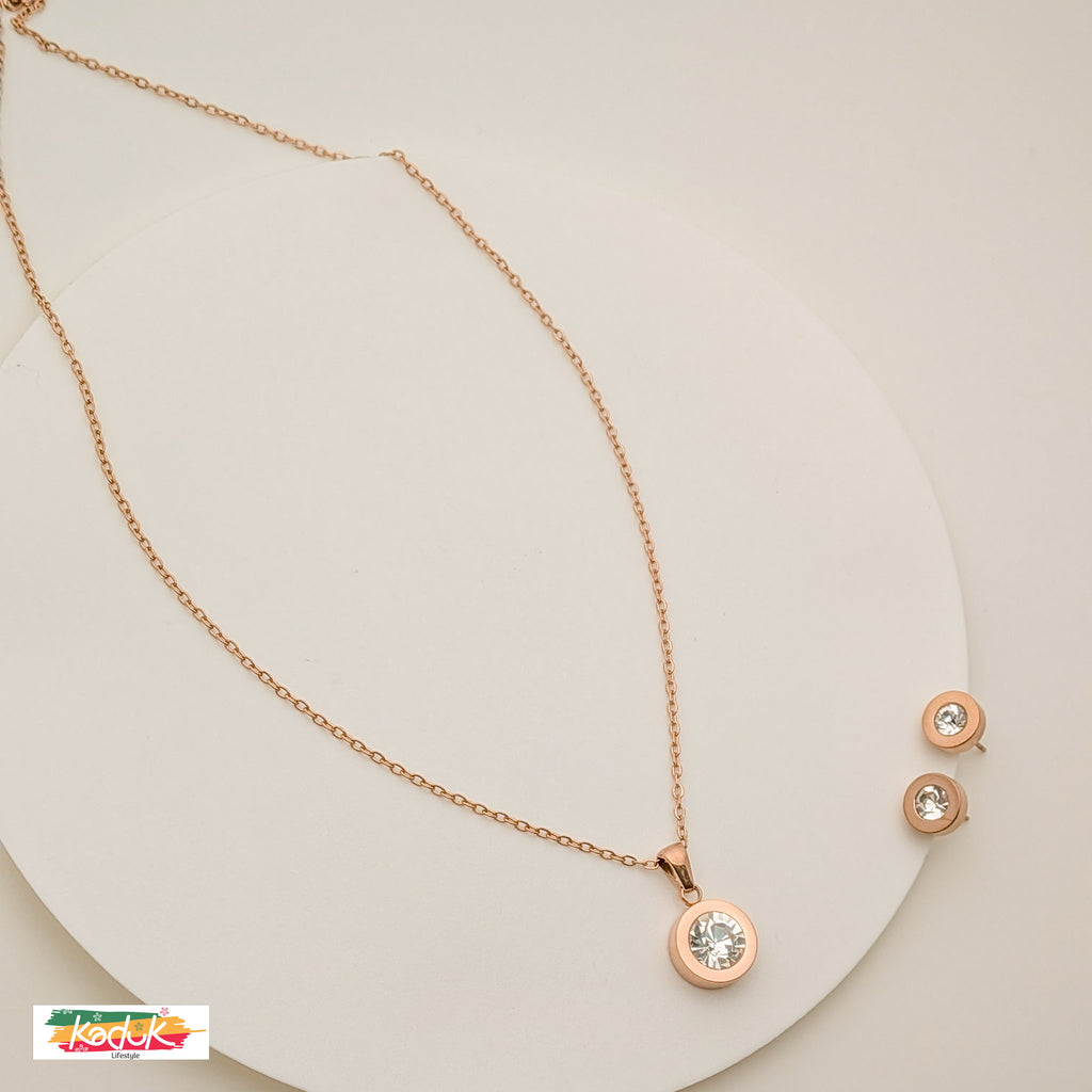 Rose Gold Crystal Necklace & Earrings Set – Minimalist Elegant Jewelry for Women