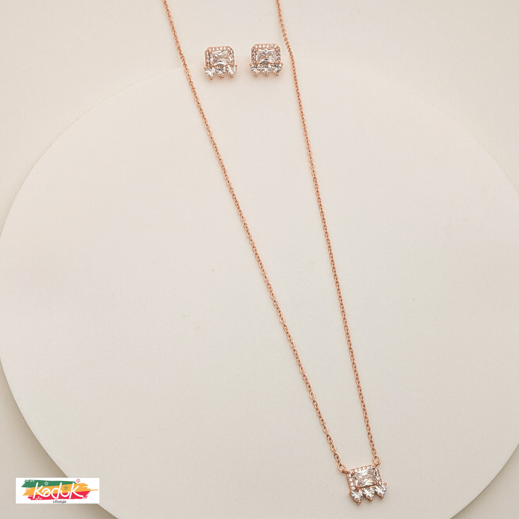 Rose Gold Square Crystal Necklace & Earrings Set – Elegant Party Wear Jewelry
