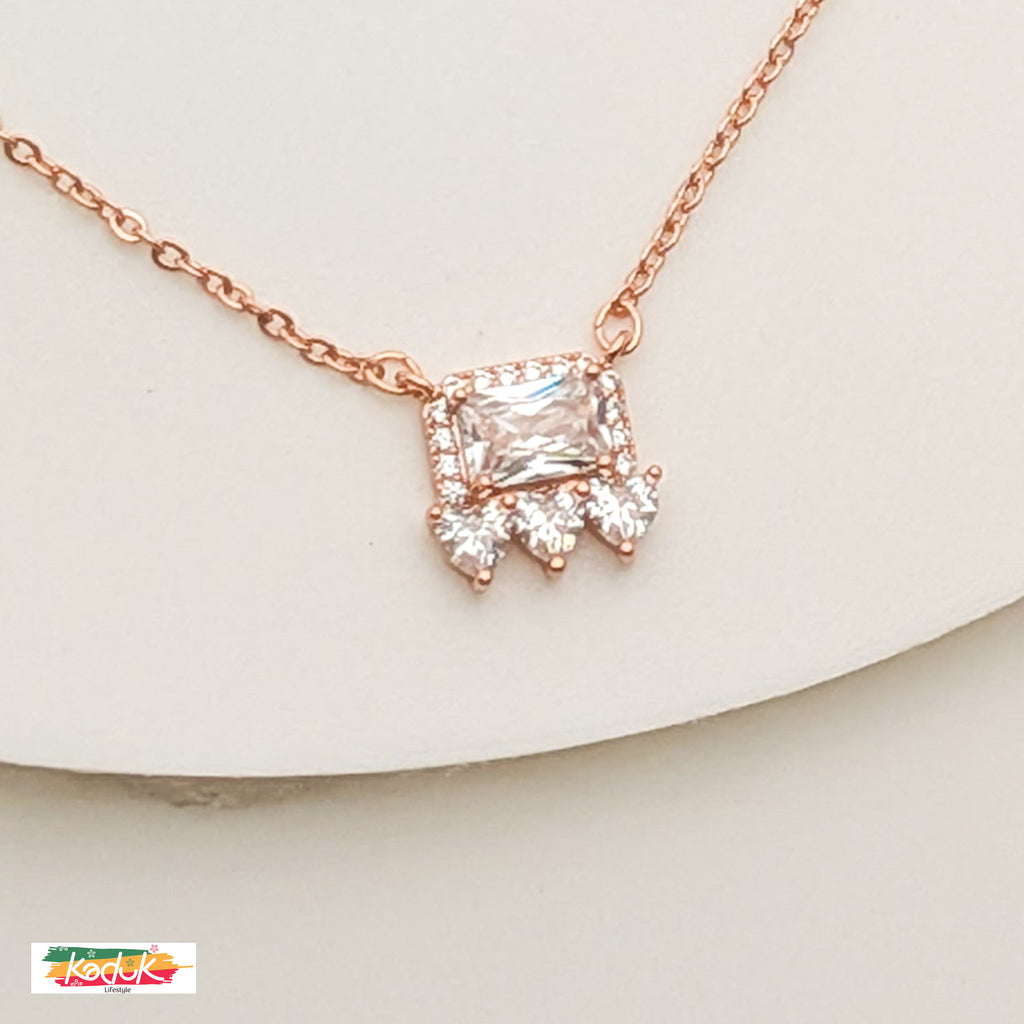 Rose Gold Square Crystal Necklace & Earrings Set – Elegant Party Wear Jewelry