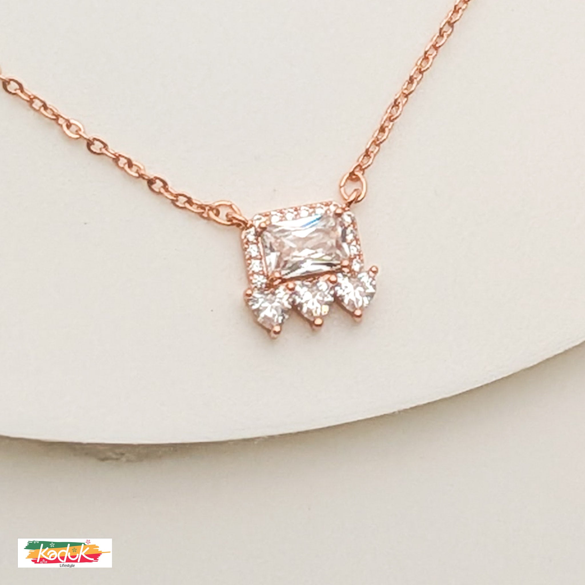Rose Gold Square Crystal Necklace & Earrings Set – Elegant Party Wear Jewelry