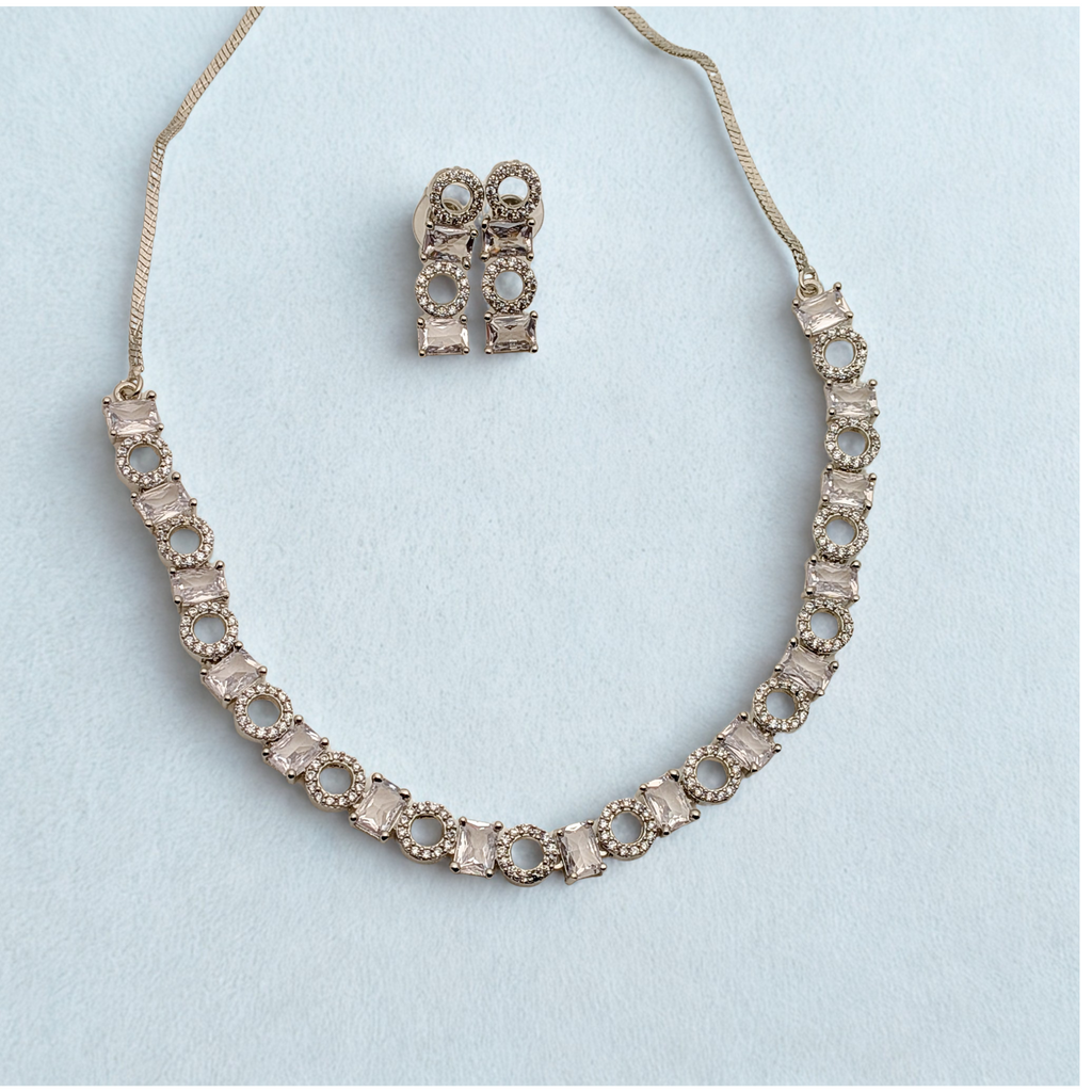 Elegant Silver AD  Necklace with Rectangular & Round Crystal Motifs – Matching Earrings